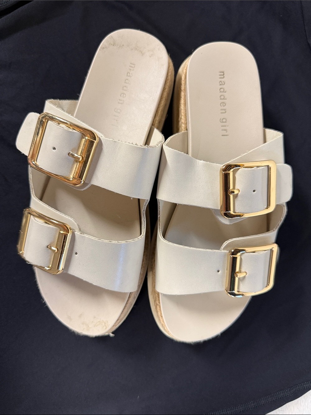 Madden Girl Cream Slide Sandals with Gold Buckles